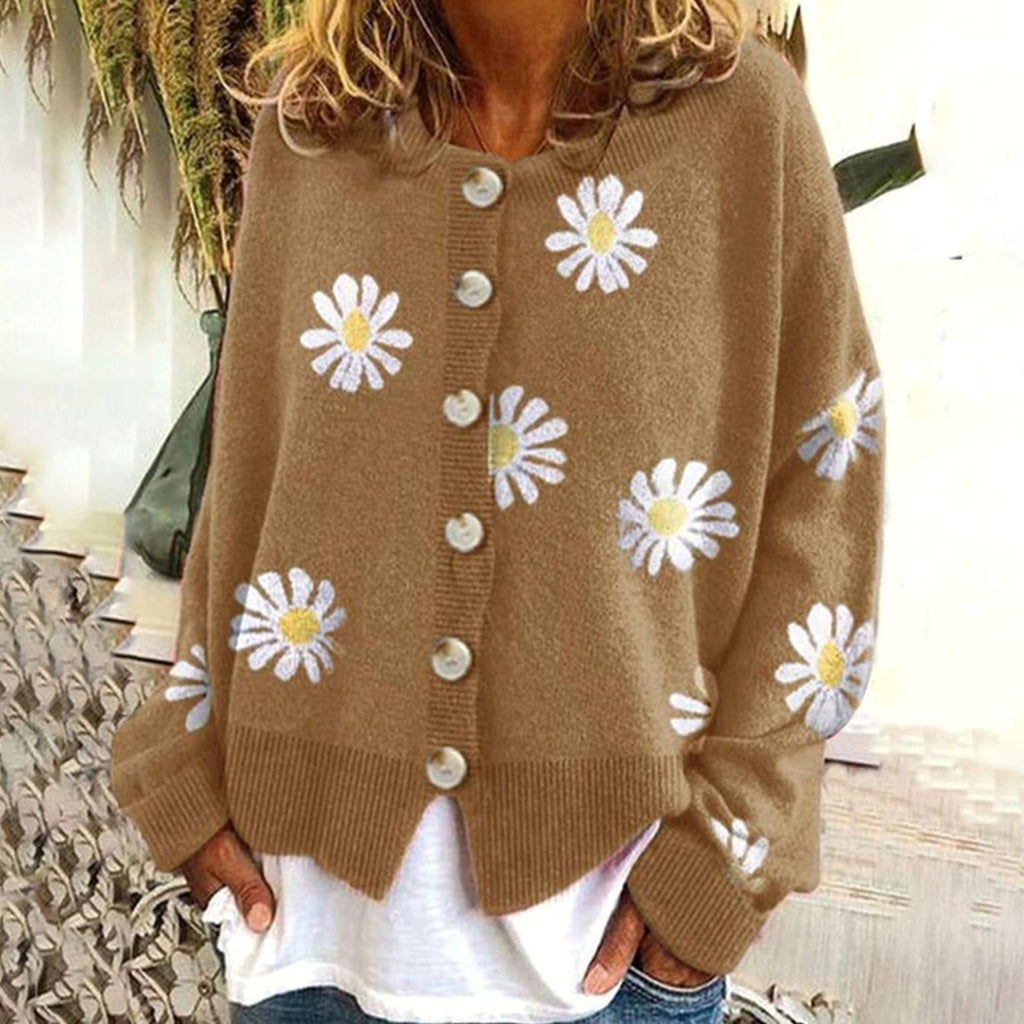 Women's Daisy Floral Relaxed-Fit Button-Up Winter Cardigan Sweater - Khaki