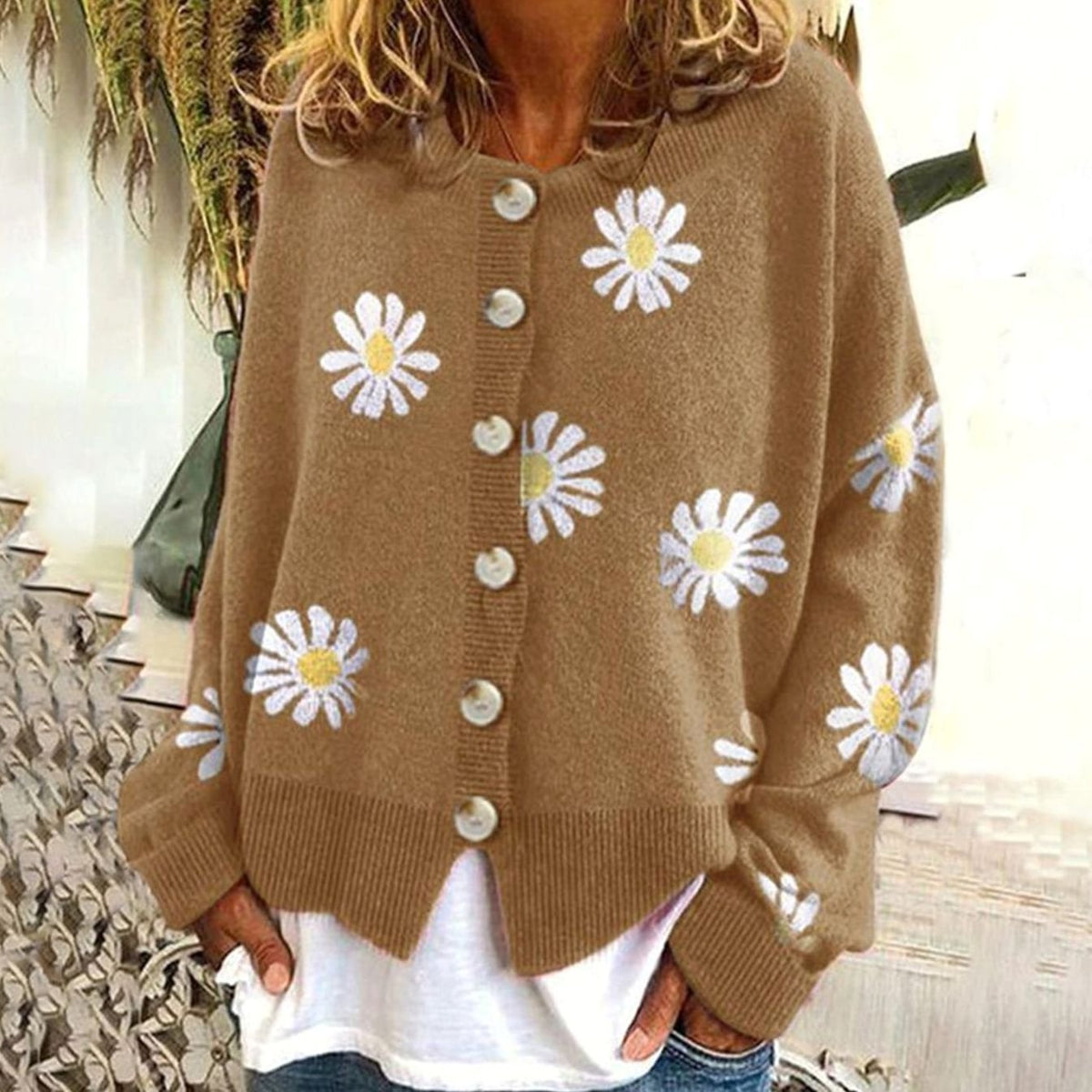 Women's Daisy Floral Relaxed-Fit Button-Up Winter Cardigan Sweater - Khaki