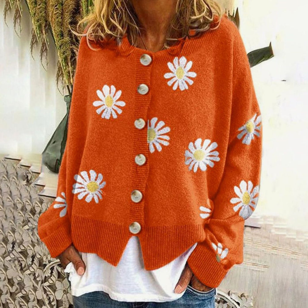 Women's Daisy Floral Relaxed-Fit Button-Up Winter Cardigan Sweater - Orange
