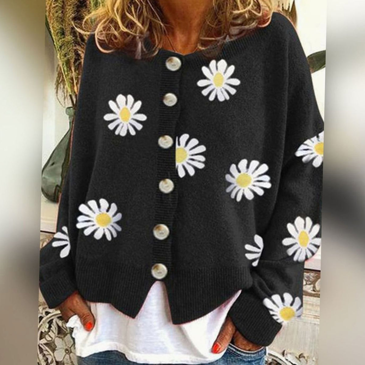 Women's Daisy Floral Relaxed-Fit Button-Up Winter Cardigan Sweater - Black