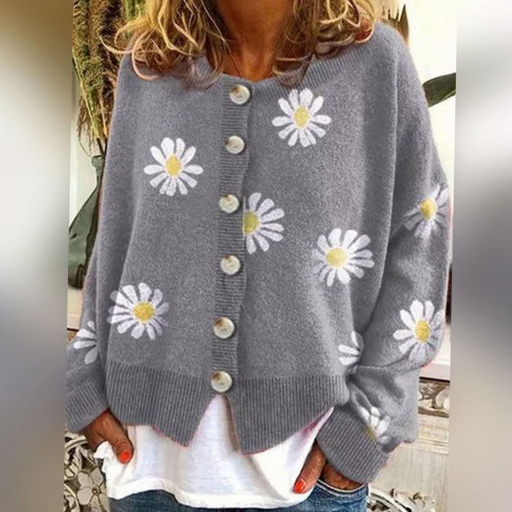 Women's Daisy Floral Relaxed-Fit Button-Up Winter Cardigan Sweater - Gray