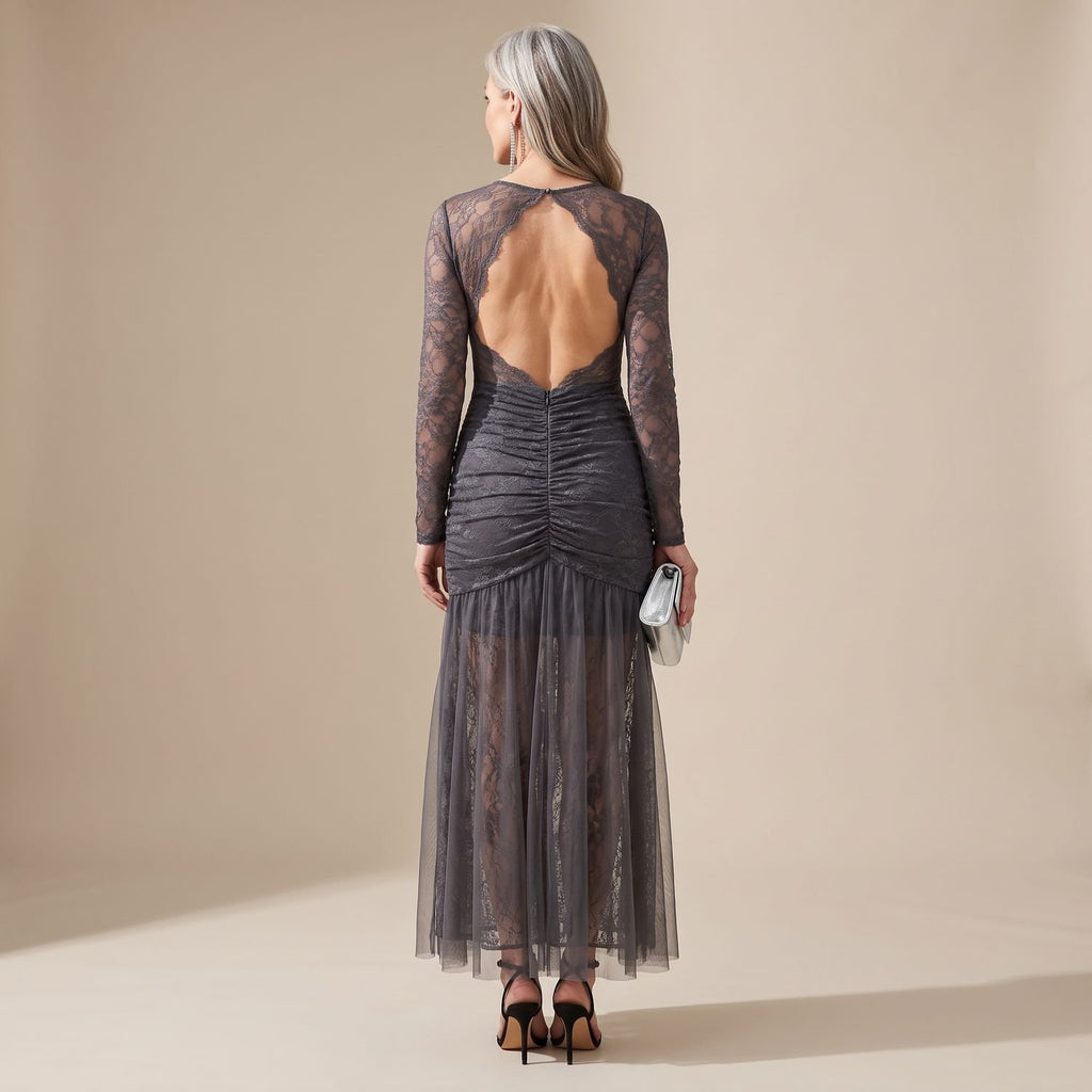 Women's Dark Gray Ruched Long Sleeve Lace Maxi Dress Slit