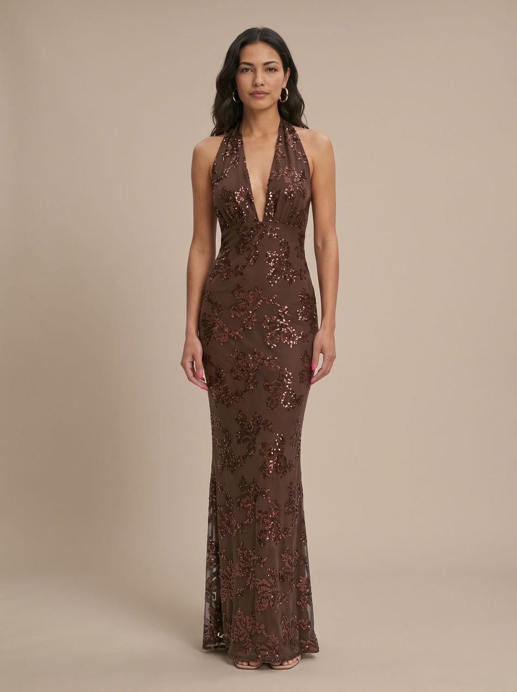 Women's Deep V-Halter Floral Sequin Maxi Dress - Brown