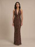 Women's Deep V-Halter Floral Sequin Maxi Dress - Brown