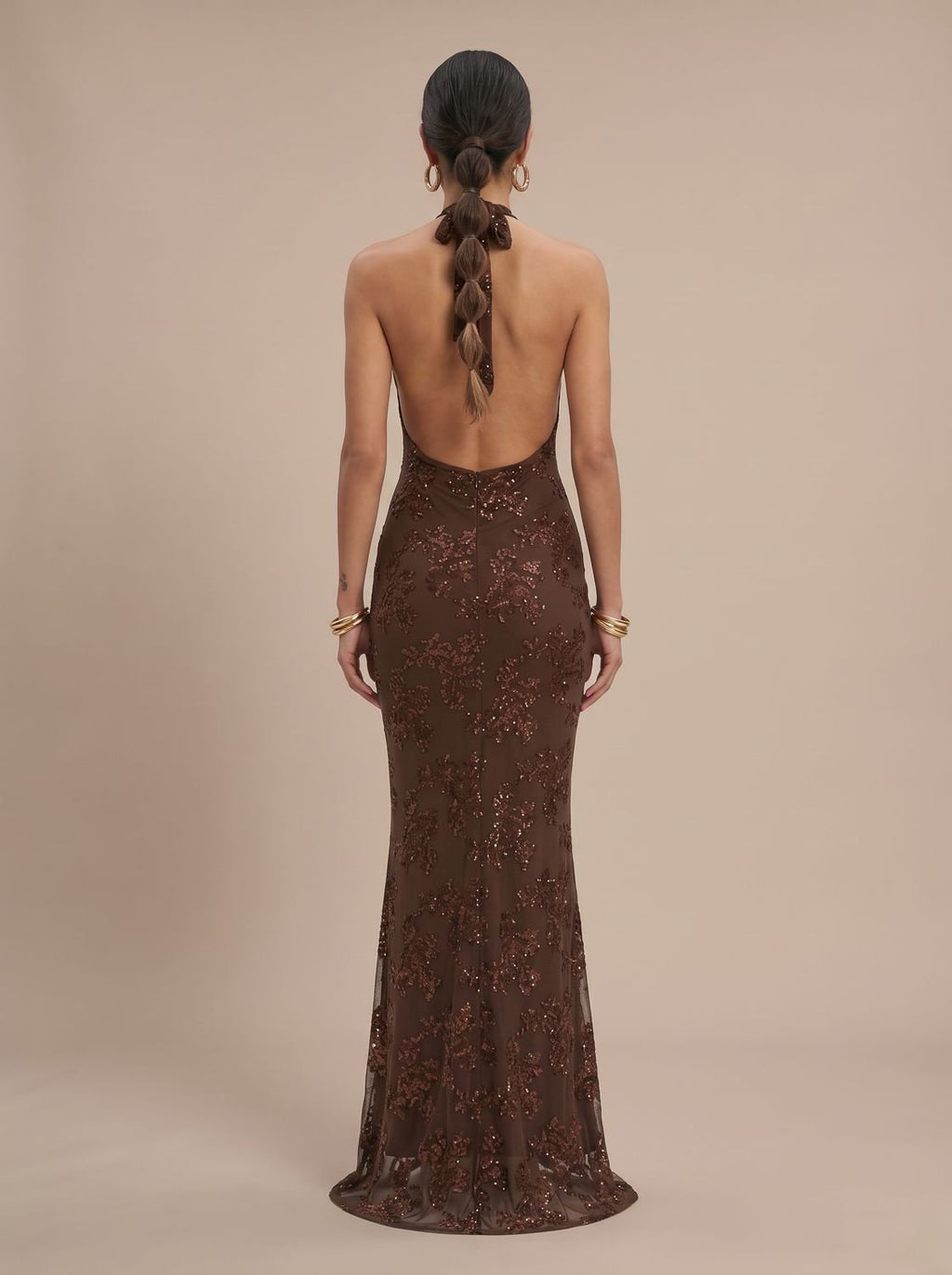 Women's Deep V-Halter Floral Sequin Maxi Dress