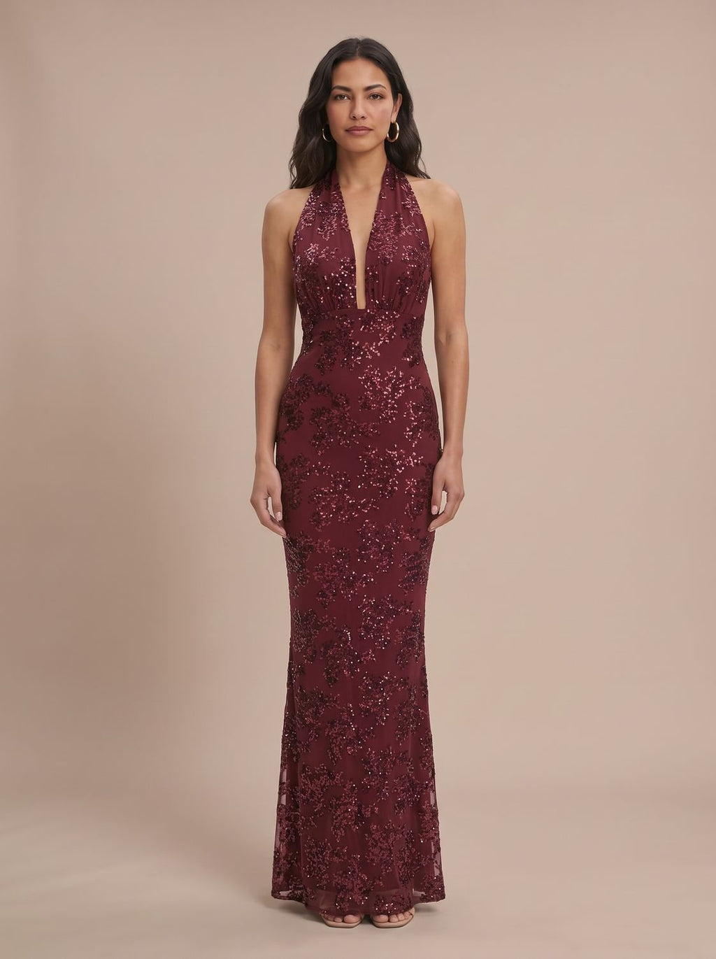 Women's Deep V-Halter Floral Sequin Maxi Dress - Red