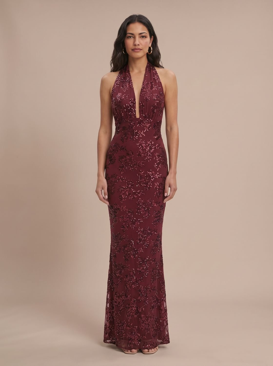 Women's Deep V-Halter Floral Sequin Maxi Dress - Red