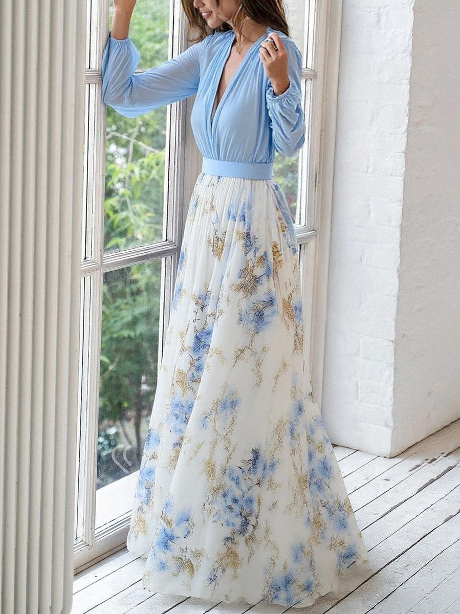 Women's Deep V-Neck Floral Maxi Long Sleeve Dress