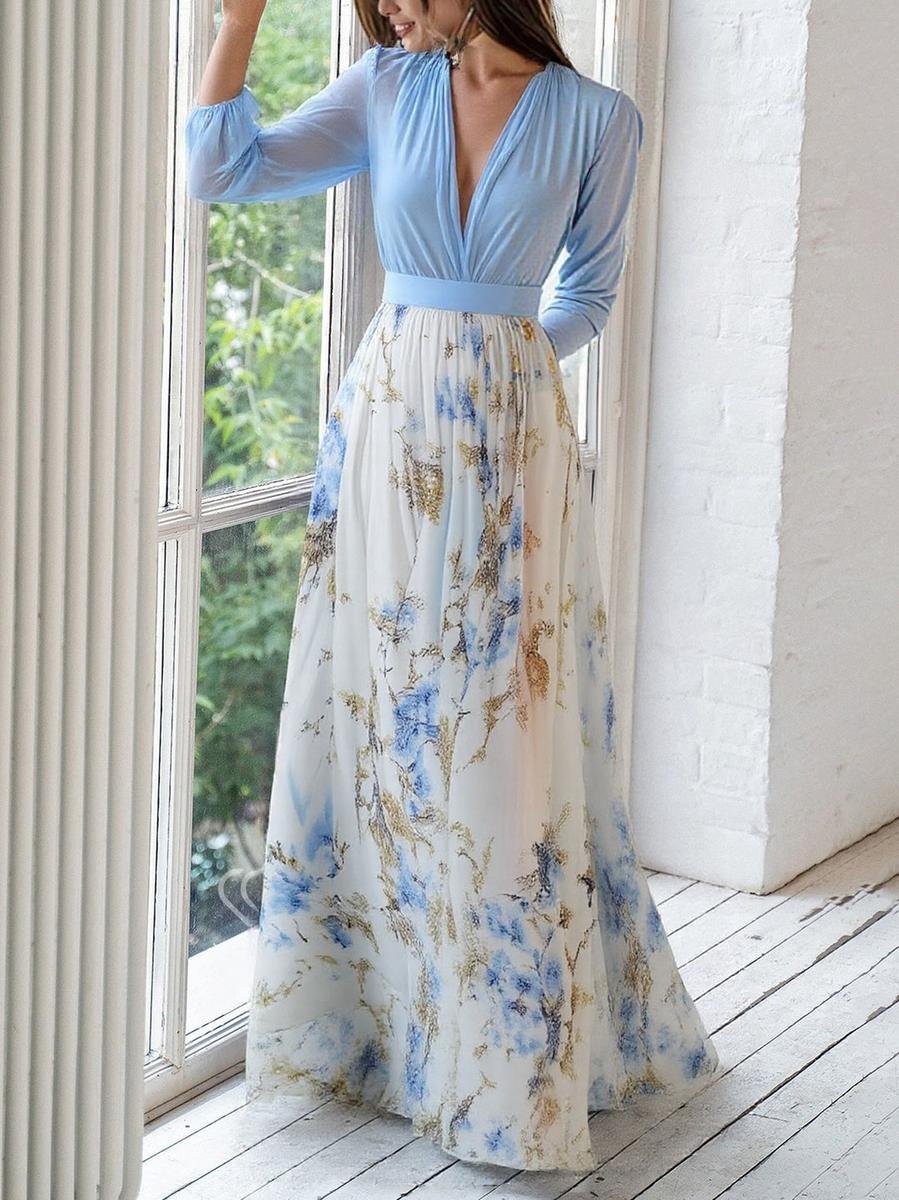 Women's Deep V-Neck Floral Maxi Long Sleeve Dress
