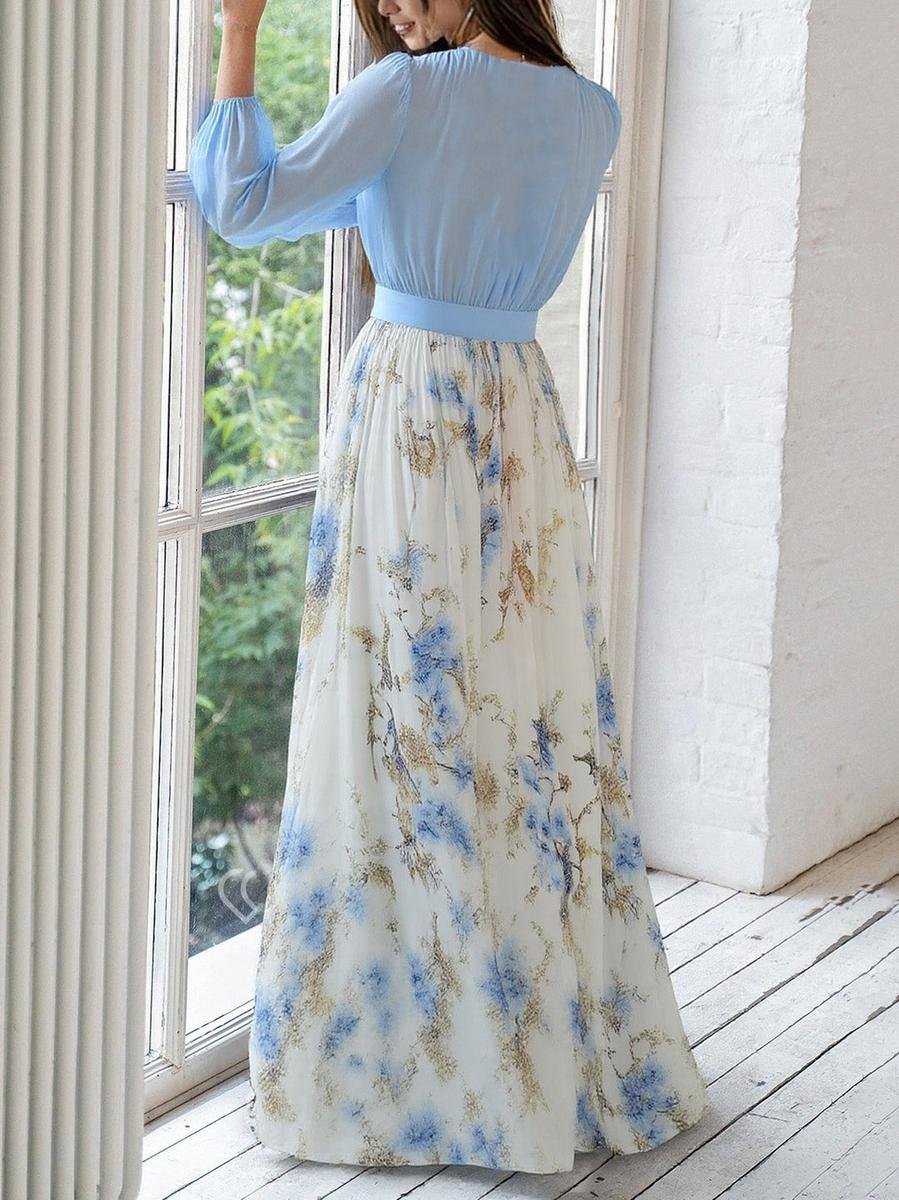 Women's Deep V-Neck Floral Maxi Long Sleeve Dress