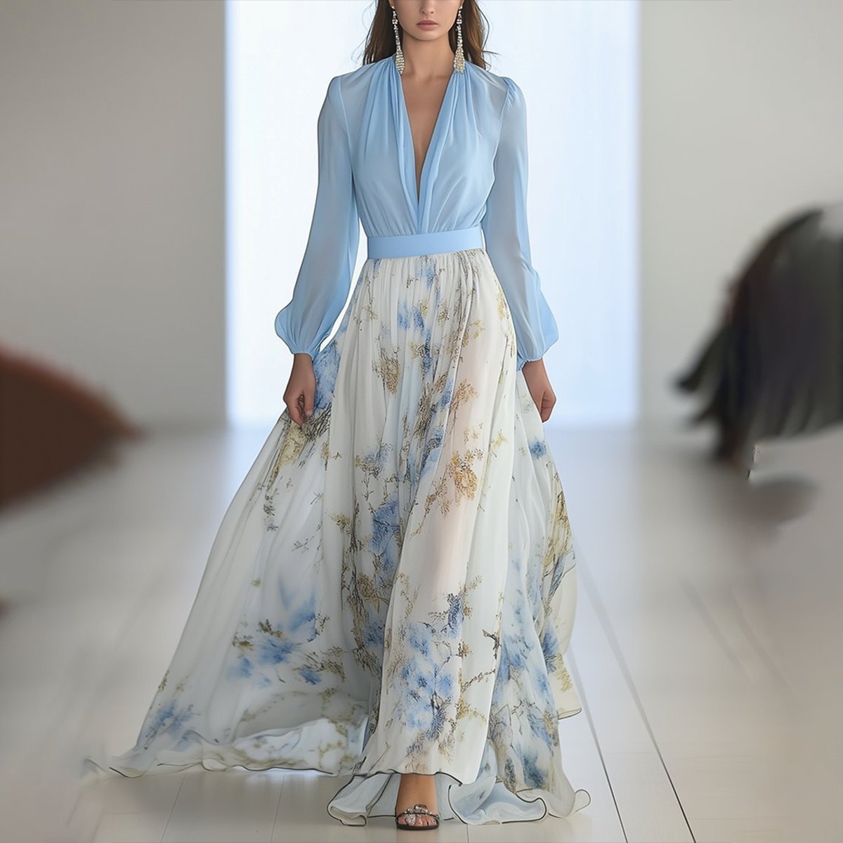 Women's Deep V-Neck Floral Maxi Long Sleeve Dress - Blue