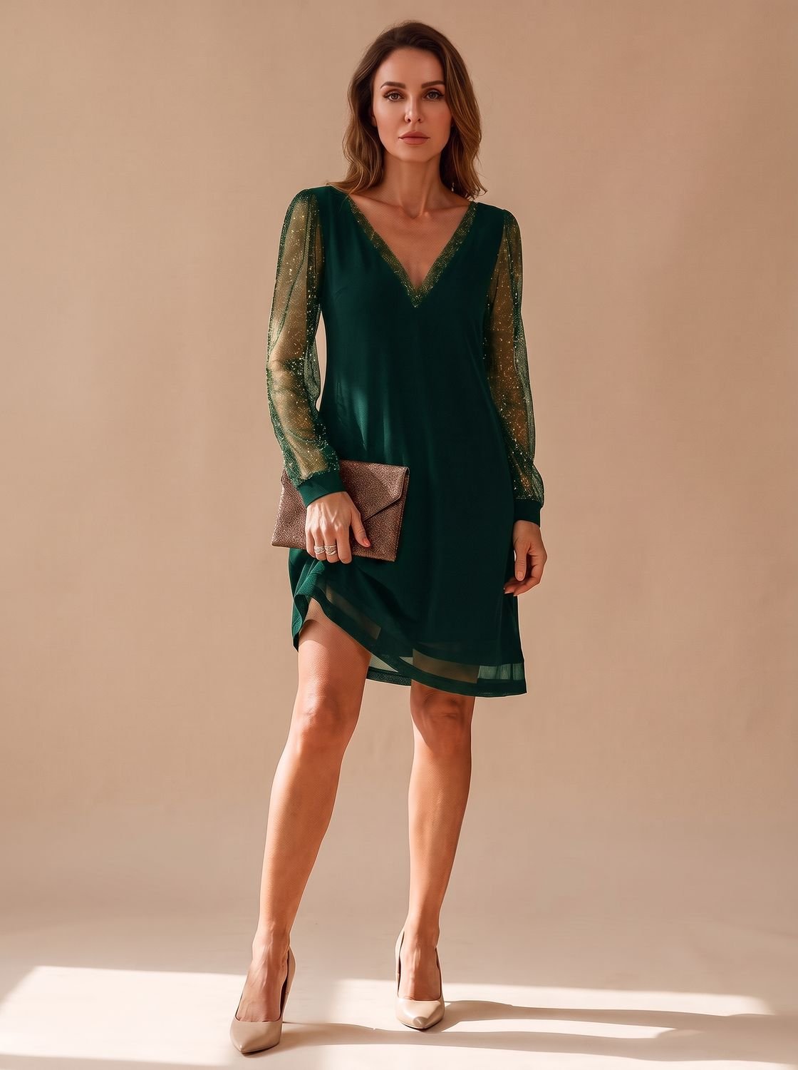Women's Deep V-Neck Glitter Mesh Sleeve Christmas Party Dress - Green