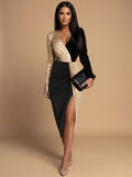 Women's Deep V-Neck Gold Sequin Colorblock Long-Sleeve Mini Dress - Black