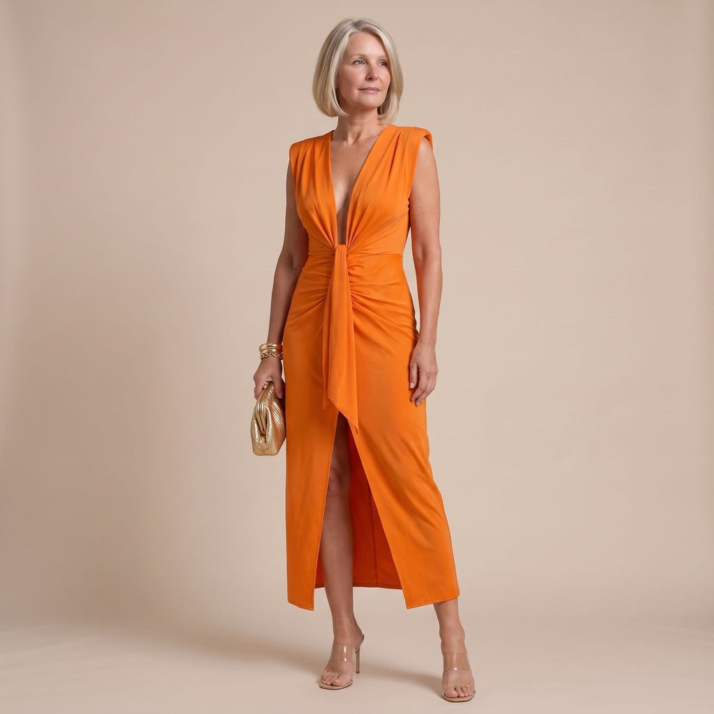 Women's Deep V-Neck Sleeveless Knot-Front Midi Wrap Dress