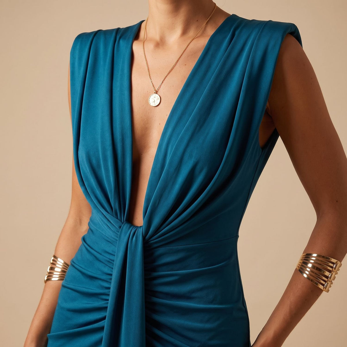 Women's Deep V-Neck Sleeveless Knot-Front Midi Wrap Dress