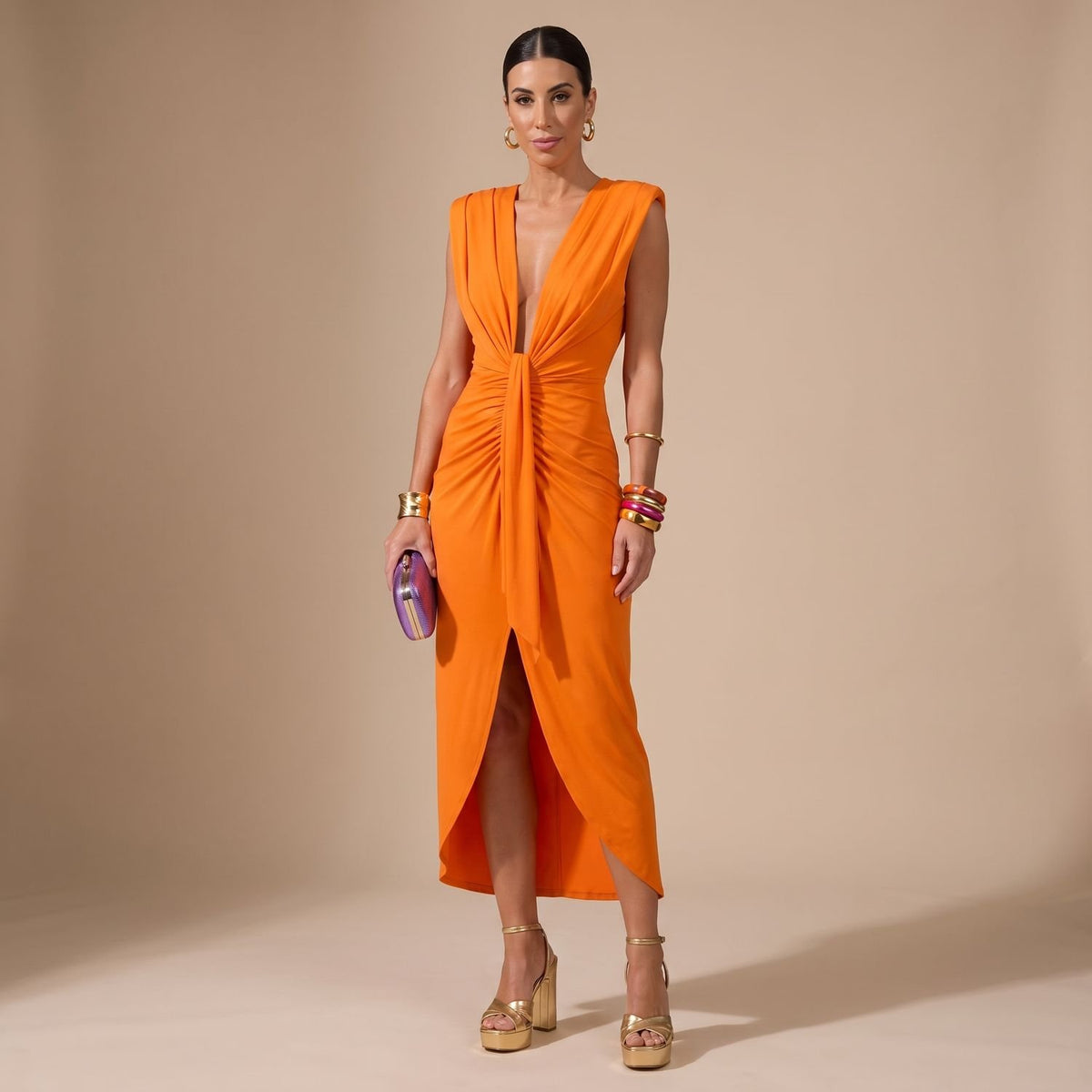 Women's Deep V-Neck Sleeveless Knot-Front Midi Wrap Dress