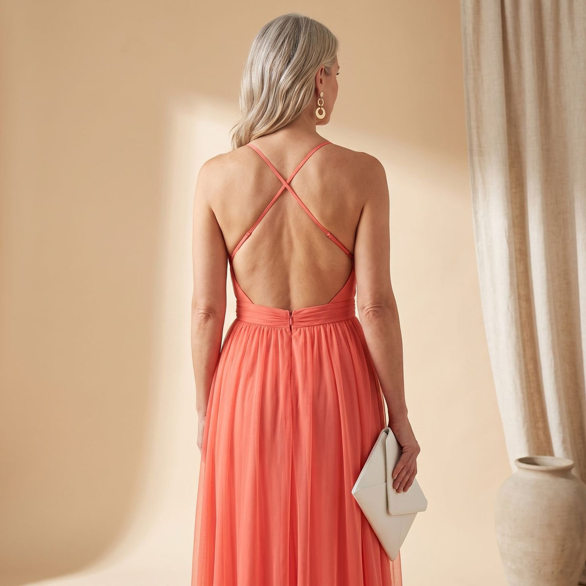 Women's Deep V-Neck Spaghetti Strap Tulle Maxi Formal Dress