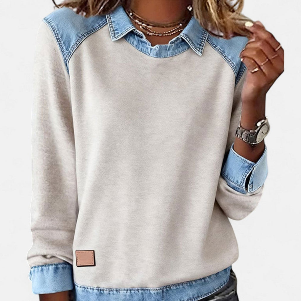 Women's Denim Collar Raglan Long Sleeve Knit Sweater - Beige
