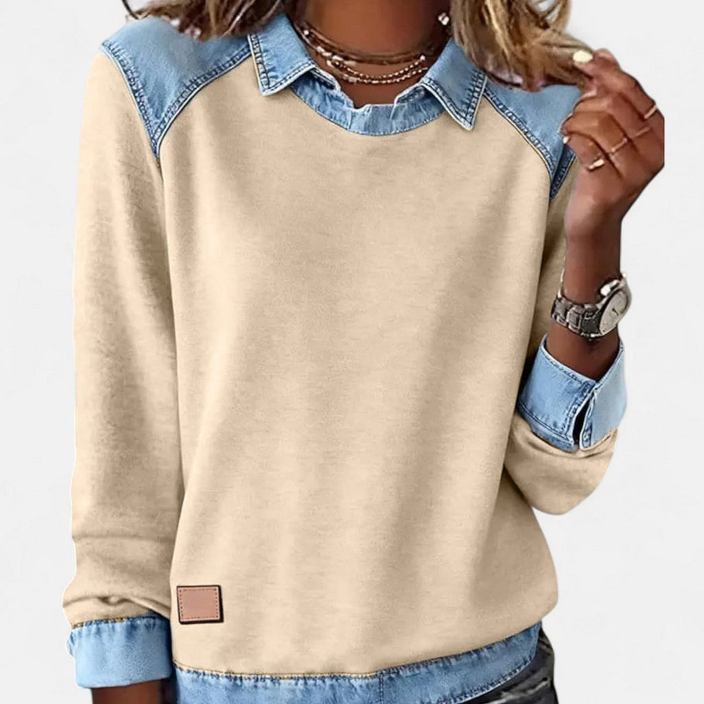 Women's Denim Collar Raglan Long Sleeve Knit Sweater - Khaki