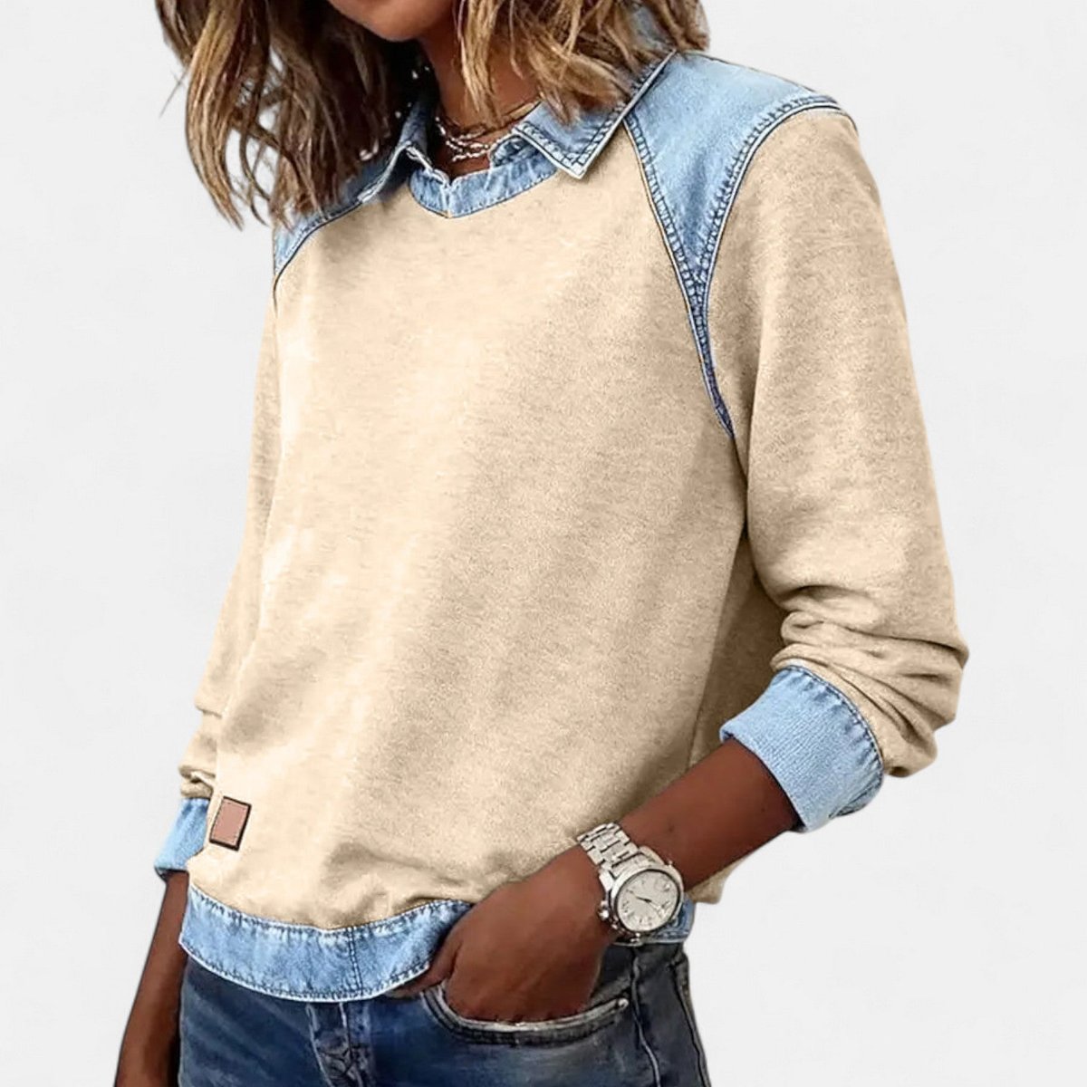 Women's Denim Collar Raglan Long Sleeve Knit Sweater