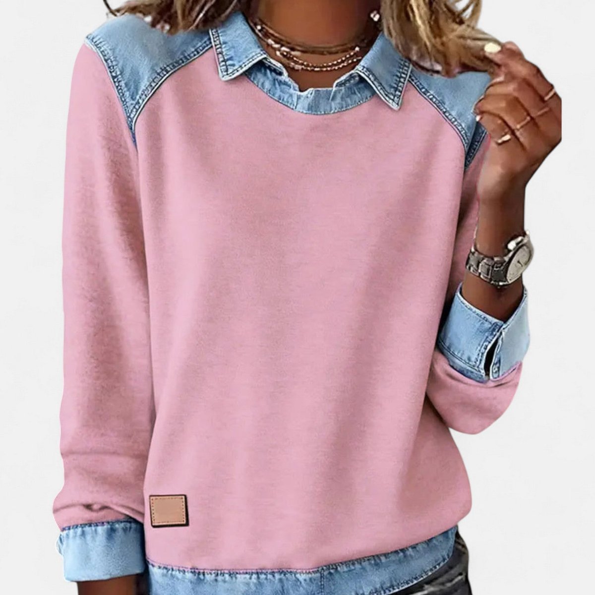 Women's Denim Collar Raglan Long Sleeve Knit Sweater - Pink