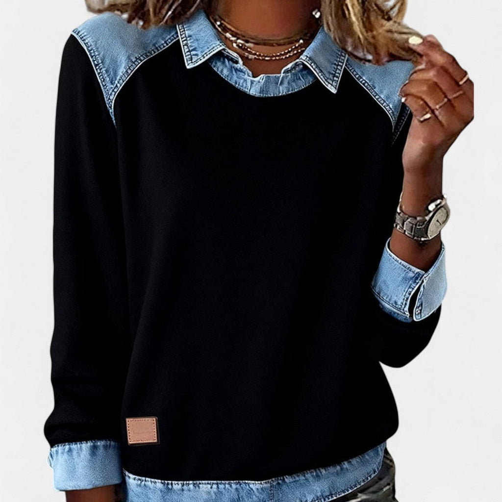 Women's Denim Collar Raglan Long Sleeve Knit Sweater - Black