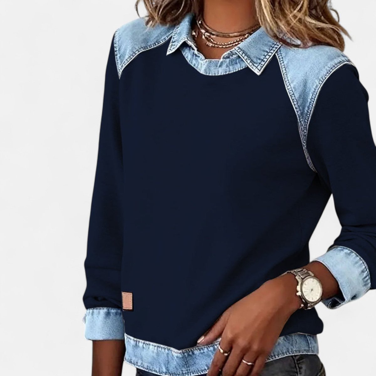 Women's Denim Collar Raglan Long Sleeve Knit Sweater - Navy Blue