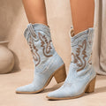 Women's Denim Western Embroidered Mid-Calf Cowboy Boots - Light Blue