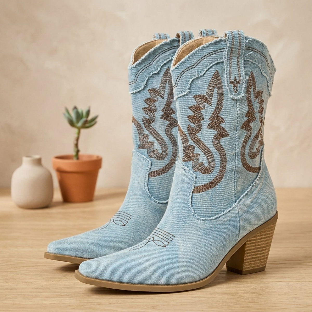 Women's Denim Western Embroidered Mid-Calf Cowboy Boots