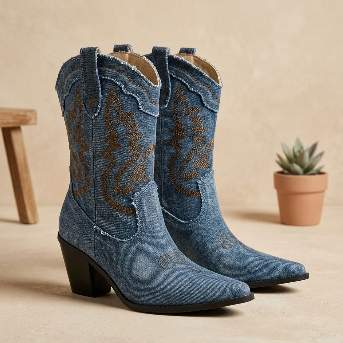 Women's Denim Western Embroidered Mid-Calf Cowboy Boots