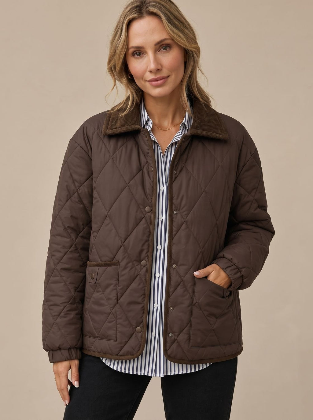 Women's Diamond Quilted Corduroy Collar Snap-Front Jacket - Brown