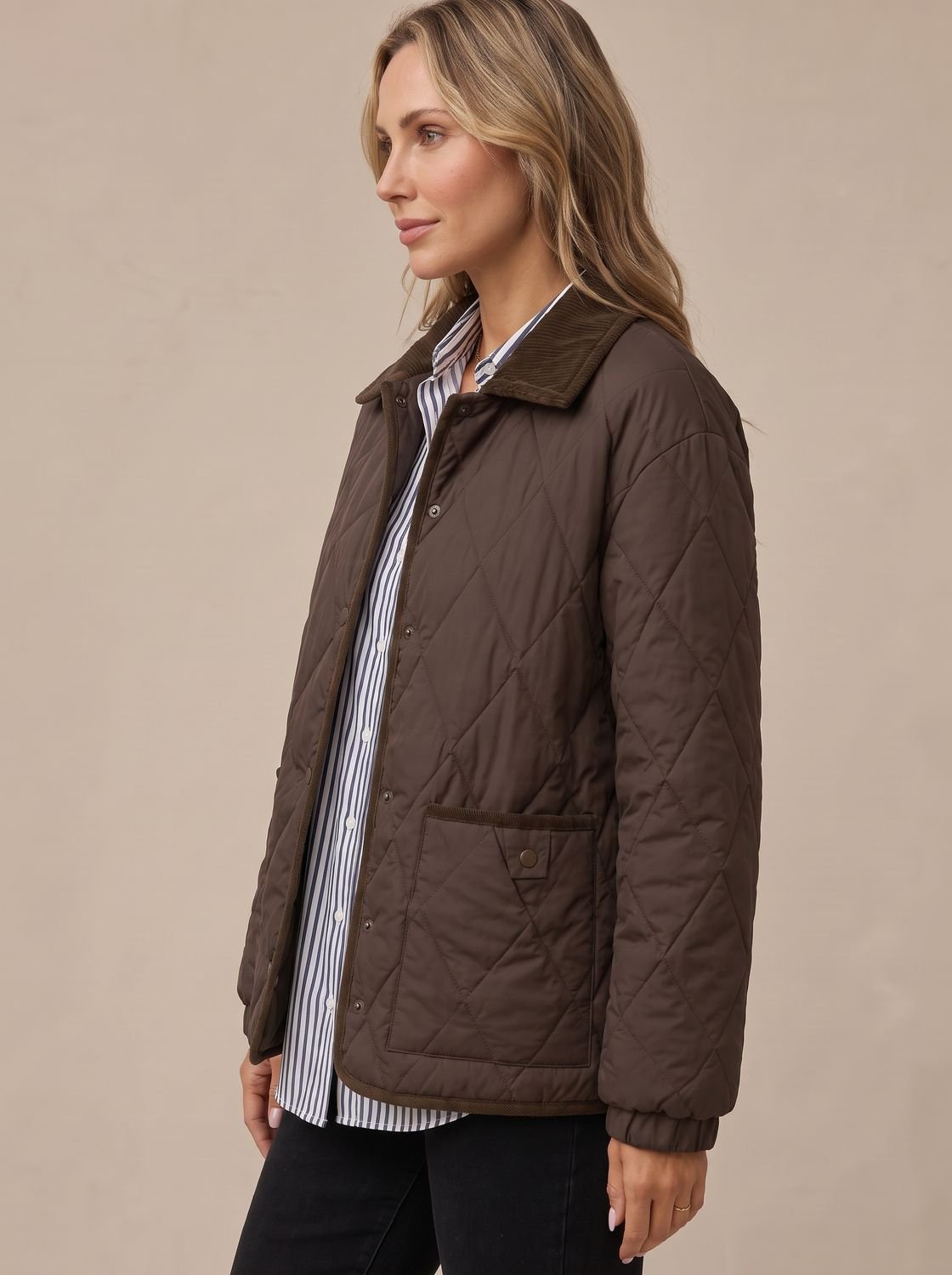 Women's Diamond Quilted Corduroy Collar Snap-Front Jacket