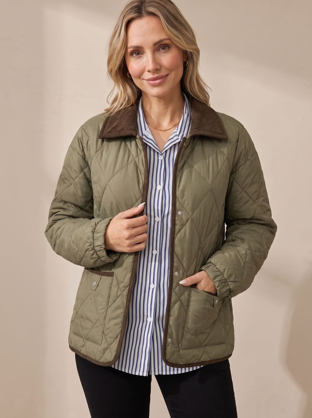 Women's Diamond Quilted Corduroy Collar Snap-Front Jacket - Green