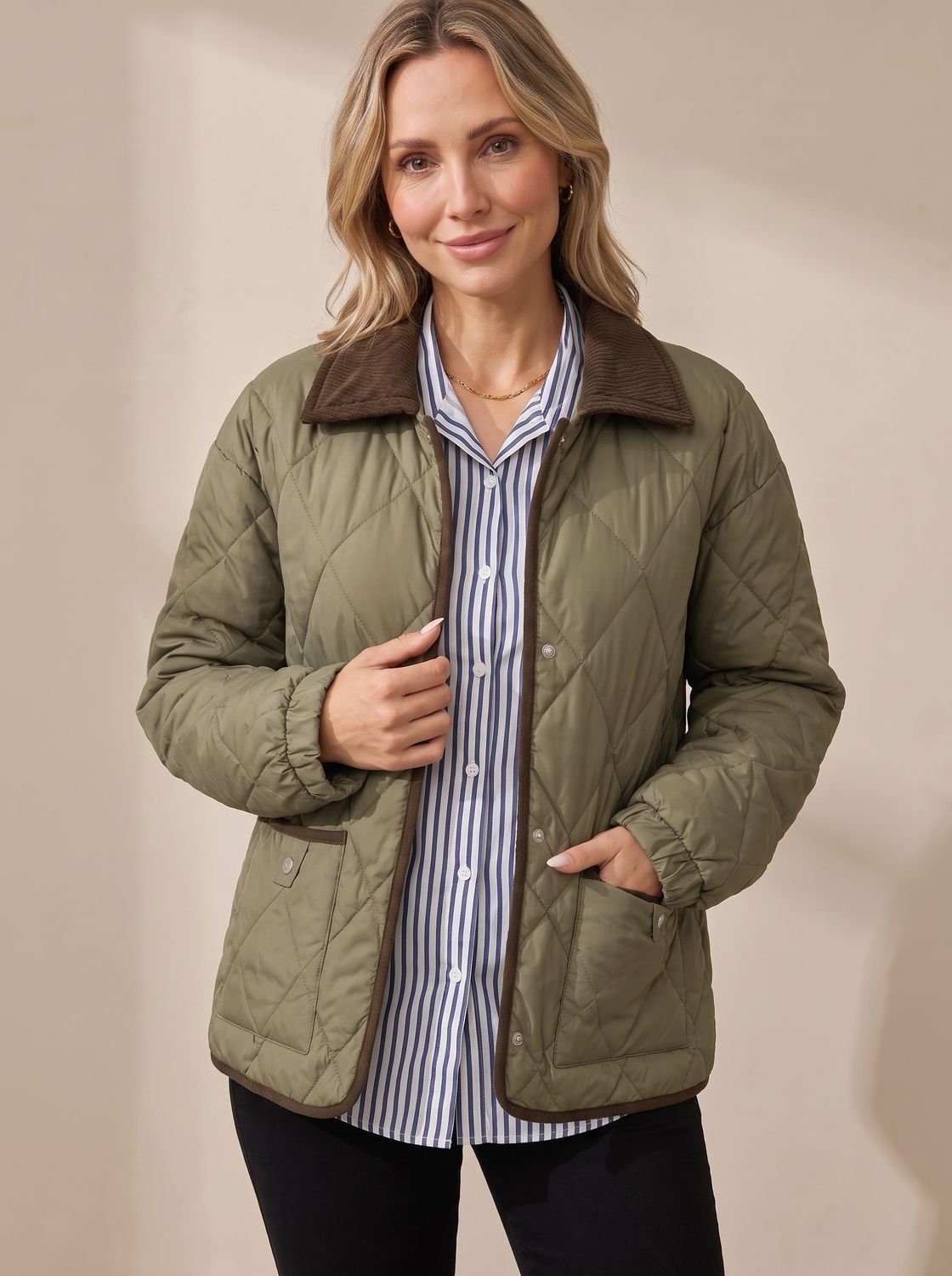 Women's Diamond Quilted Corduroy Collar Snap-Front Jacket - Green