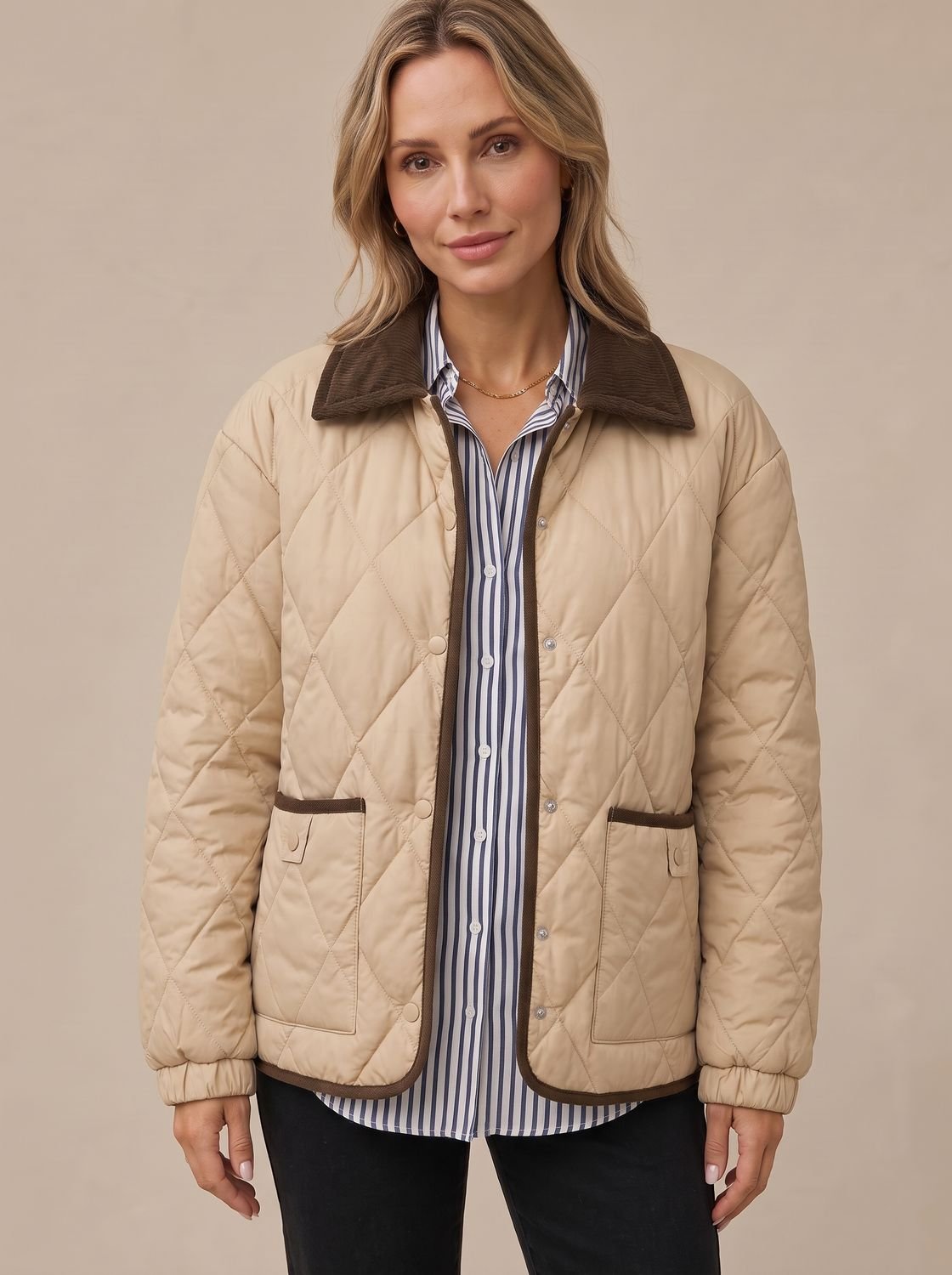 Women's Diamond Quilted Corduroy Collar Snap-Front Jacket - Beige