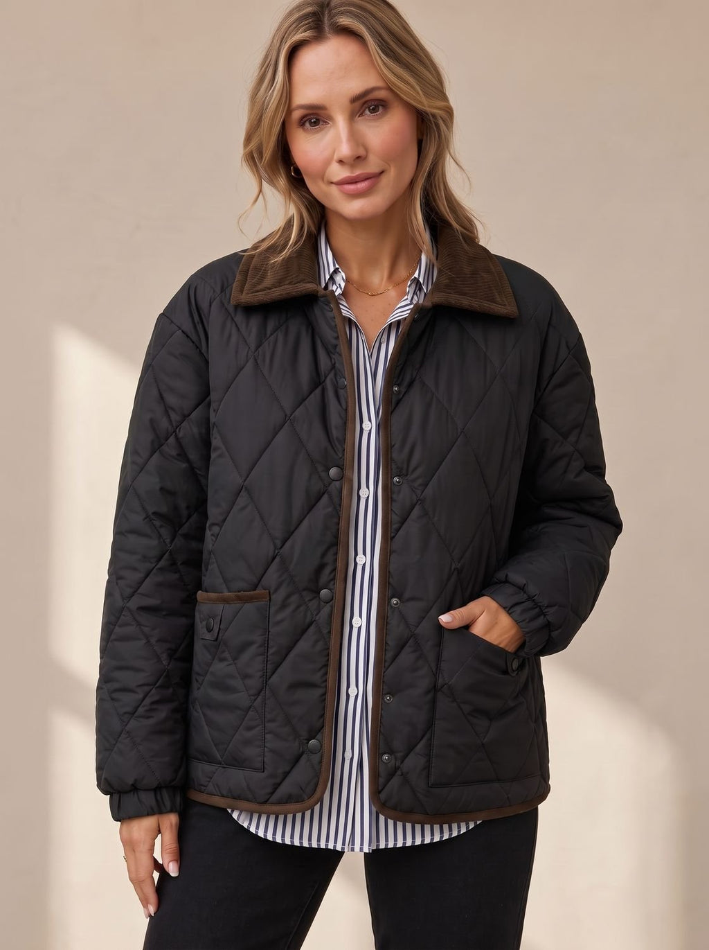 Women's Diamond Quilted Corduroy Collar Snap-Front Jacket - Black