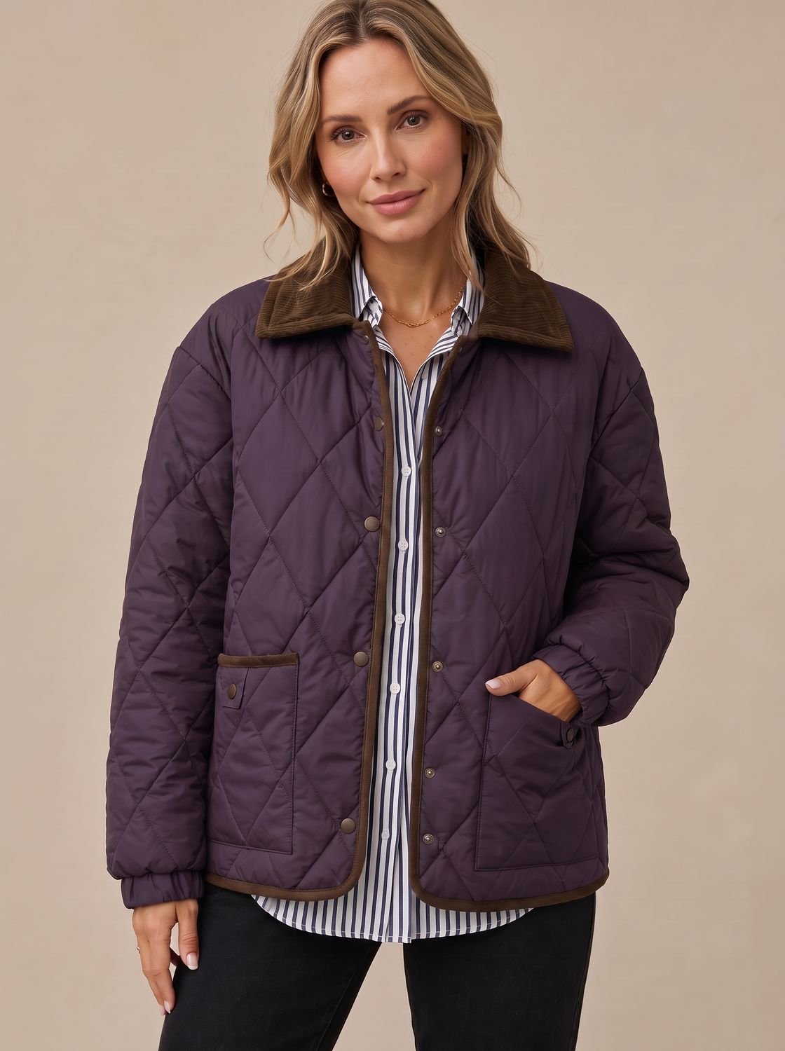 Women's Diamond Quilted Corduroy Collar Snap-Front Jacket - Purple
