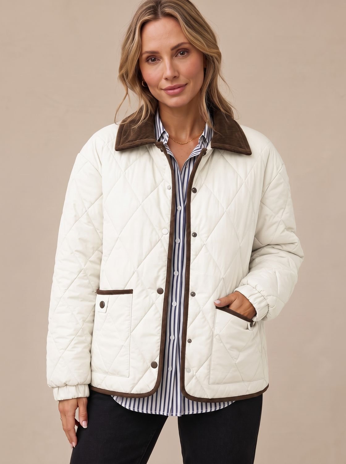 Women's Diamond Quilted Corduroy Collar Snap-Front Jacket - White