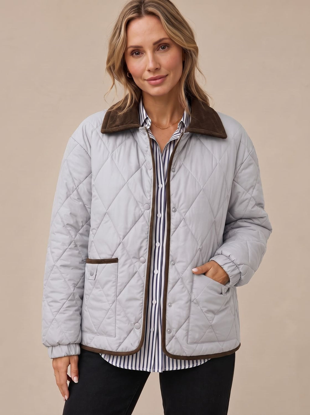 Women's Diamond Quilted Corduroy Collar Snap-Front Jacket - Gray