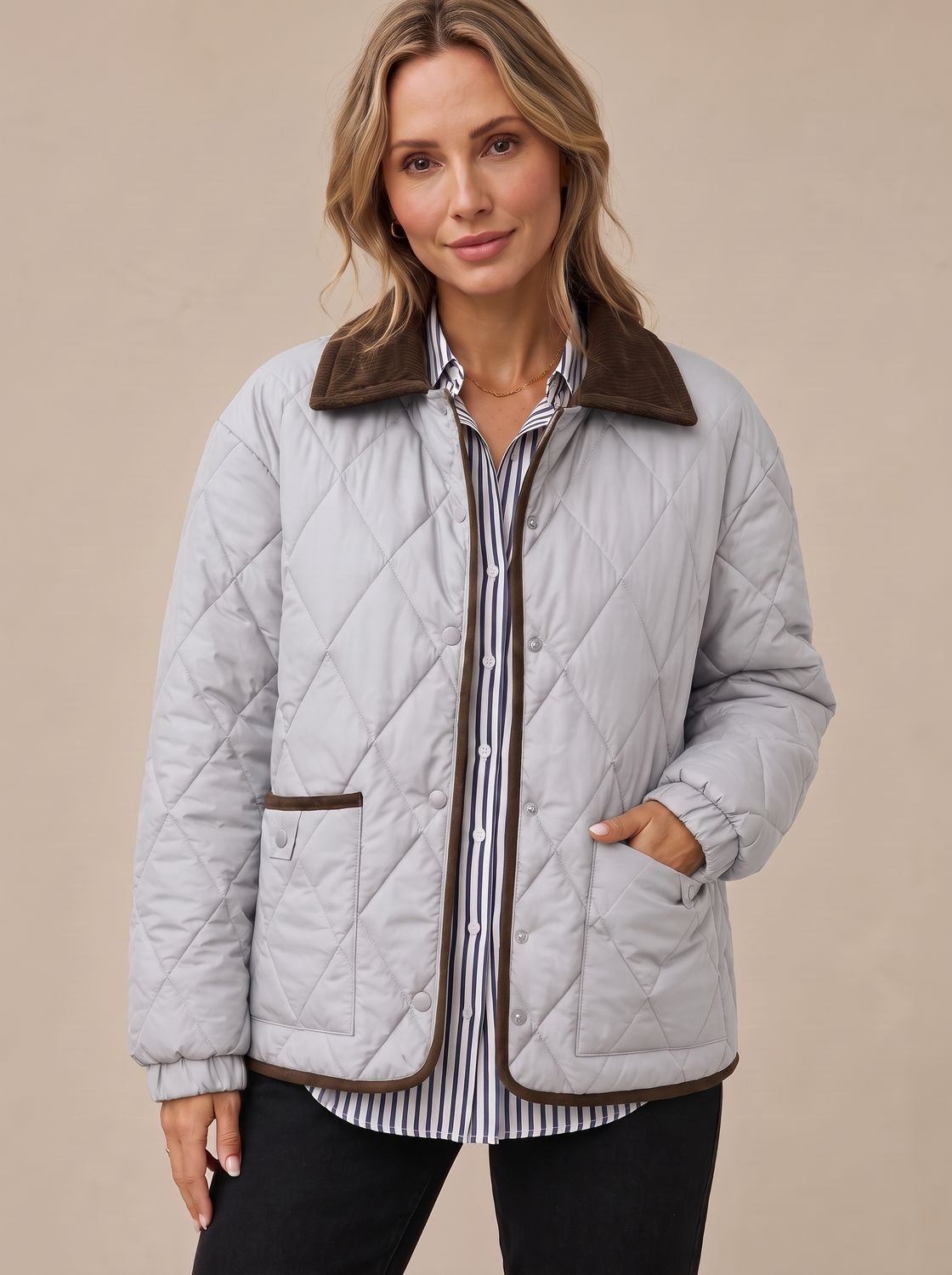 Women's Diamond Quilted Corduroy Collar Snap-Front Jacket - Gray