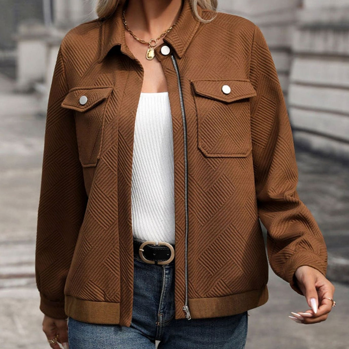 Women's Diamond-Quilted Full-Zip Long Sleeve Jacket Chest Pockets