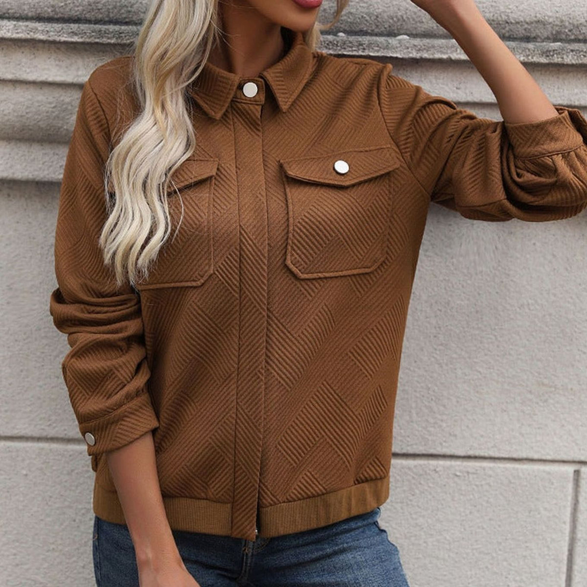 Women's Diamond-Quilted Full-Zip Long Sleeve Jacket Chest Pockets