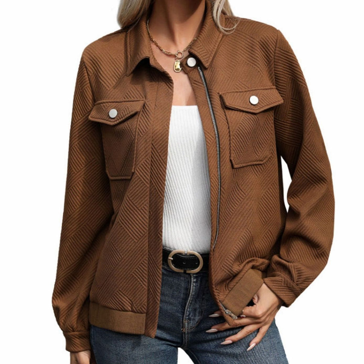 Women's Diamond-Quilted Full-Zip Long Sleeve Jacket Chest Pockets