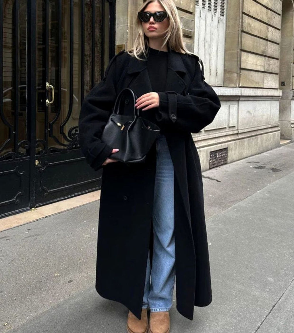 Women's Double-Breasted Belted Long Trench Winter Coat - Black