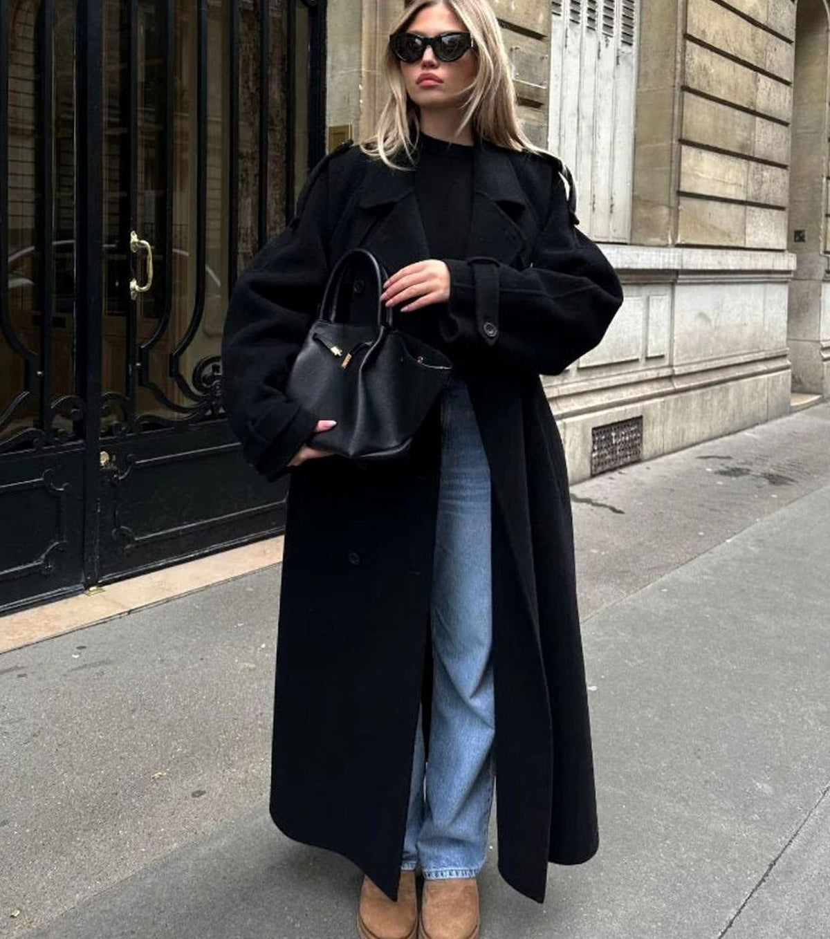 Women's Double-Breasted Belted Long Trench Winter Coat - Black