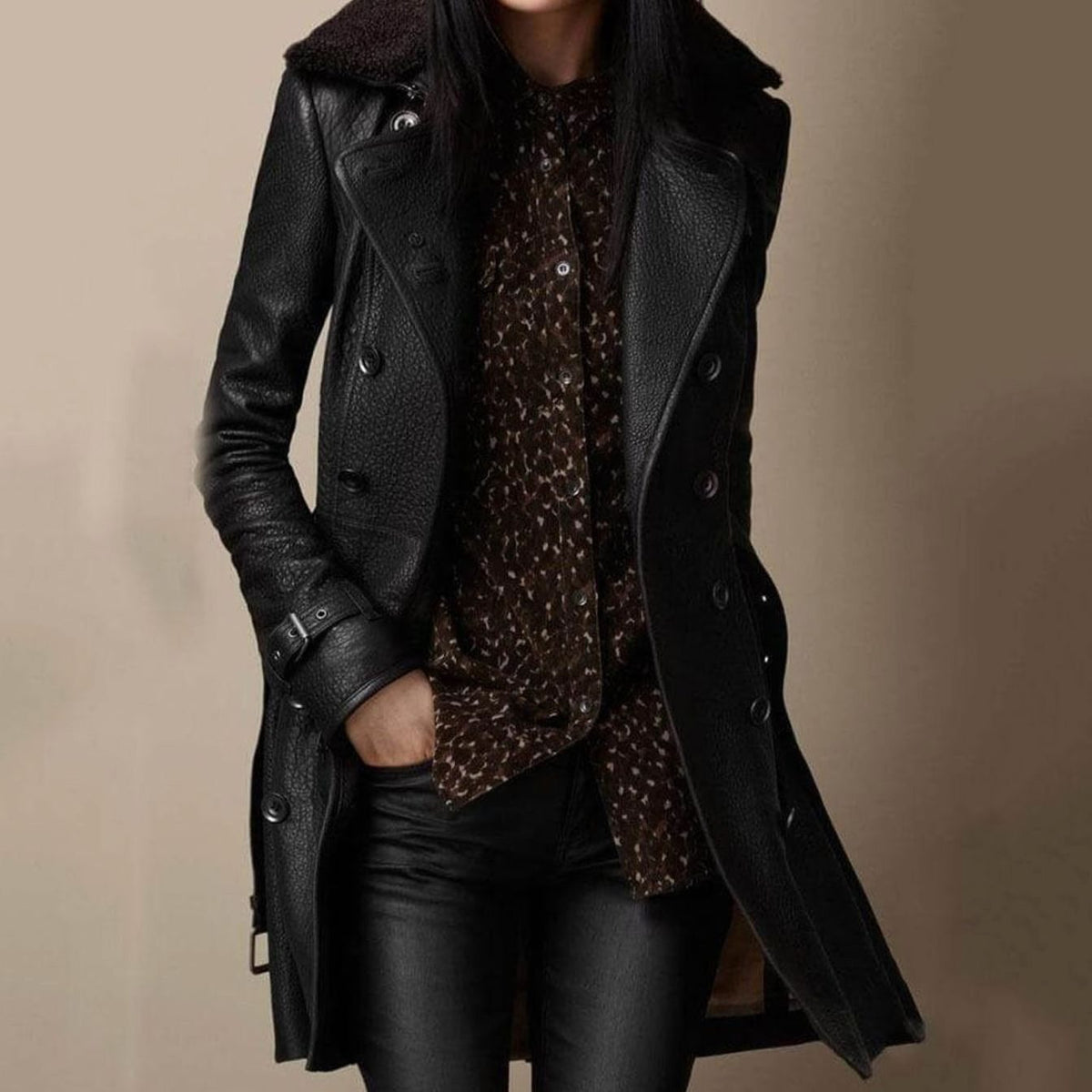 Women's Double-Breasted Belted Longline Leather Coat