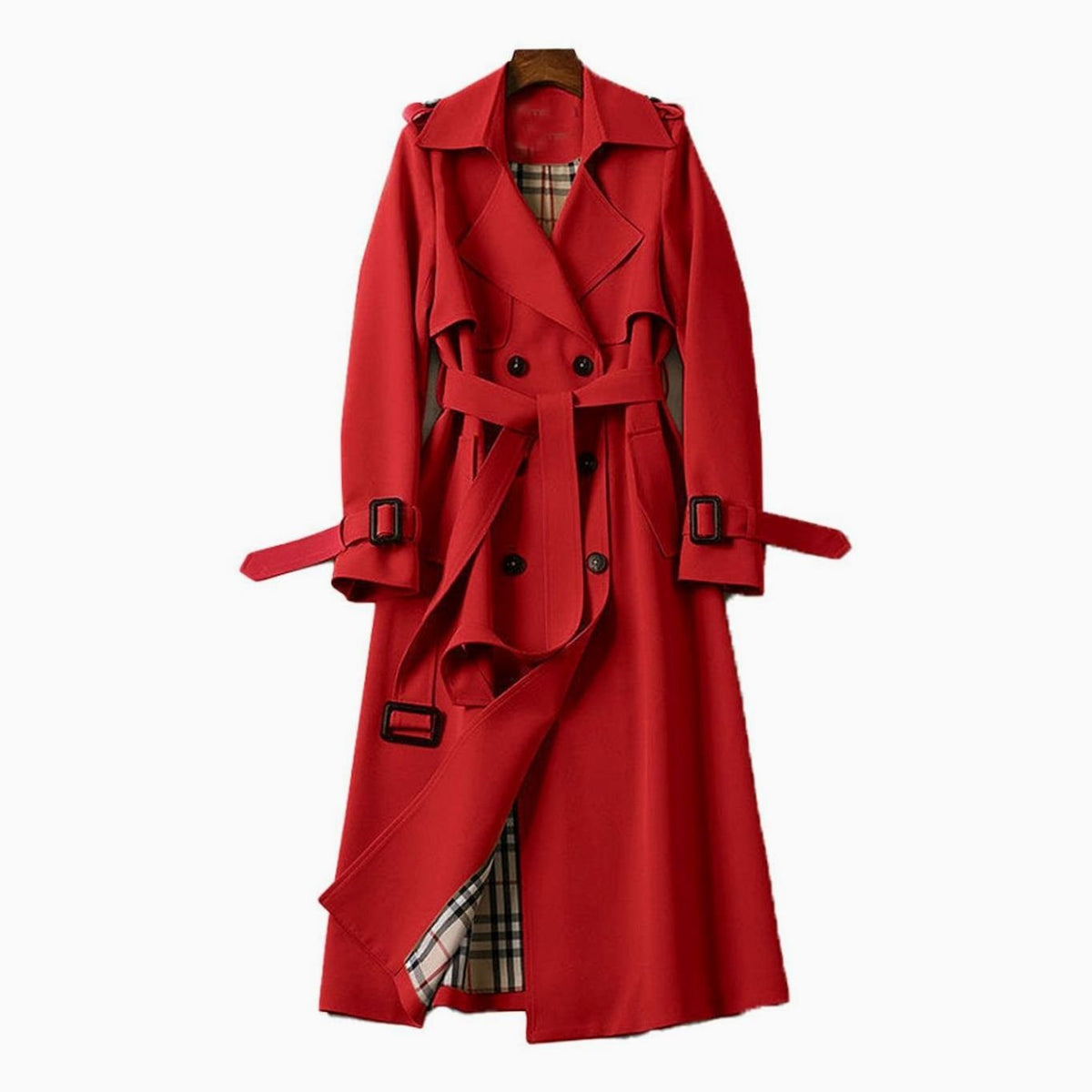 Women's Double-Breasted Belted Longline Trench Coat - Red
