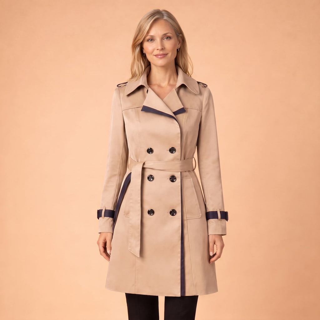 Women's Double-Breasted Belted Trench Coat Navy Trim - Khaki