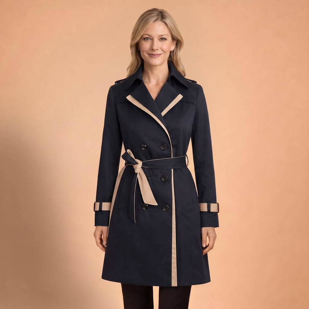 Women's Double-Breasted Belted Trench Coat Navy Trim - Black