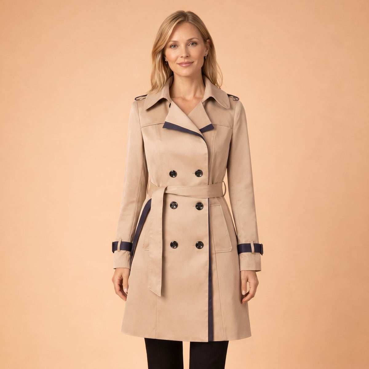 Women's Double-Breasted Belted Trench Coat Navy Trim